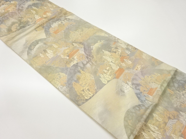 服部織物製　こはく錦引箔山並みに木々・民家模様織出し袋帯